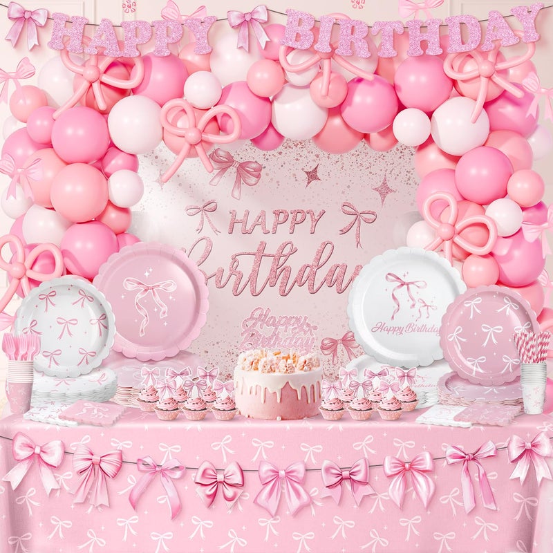Vistico Pink Bow Coquette Birthday Decorations for 24 Guests Party Supplies with Plates Napkins Cups Balloon Garland Arch Happy Birthday Banner Tablecloth Backdrop Cake Cupcake Toppers - Image 2