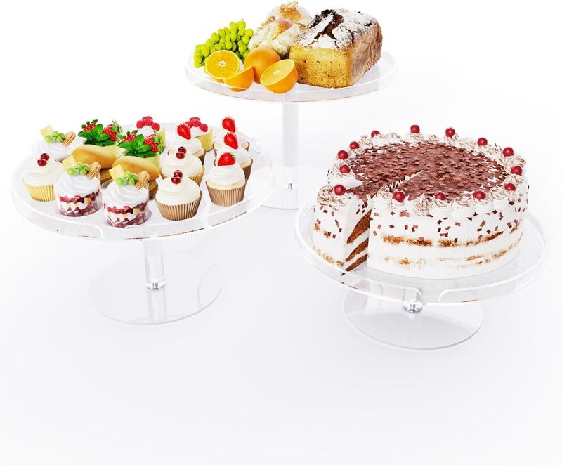 Bakzon Acrylic Cupcake Stand, Clear Dessert Dessert Table Display Set, Cupcake Tower Holder Display with Base for Wedding, Party, Baby Shower, 3 Set Round, Transparent - Image 2