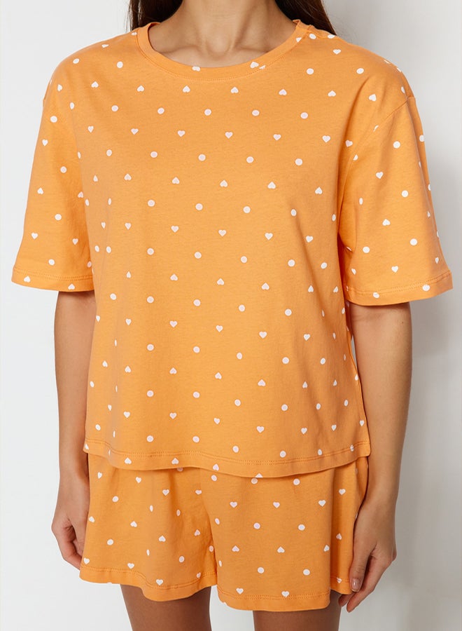 trendyol Orange 100% Cotton Heart Patterned T-shirt-Shorts and Knitted Pajamas Set THMSS21PT1485 - Image 4