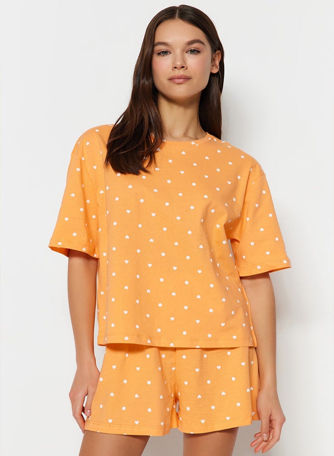 trendyol Orange 100% Cotton Heart Patterned T-shirt-Shorts and Knitted Pajamas Set THMSS21PT1485 - Image 1