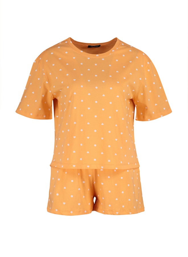 trendyol Orange 100% Cotton Heart Patterned T-shirt-Shorts and Knitted Pajamas Set THMSS21PT1485 - Image 5