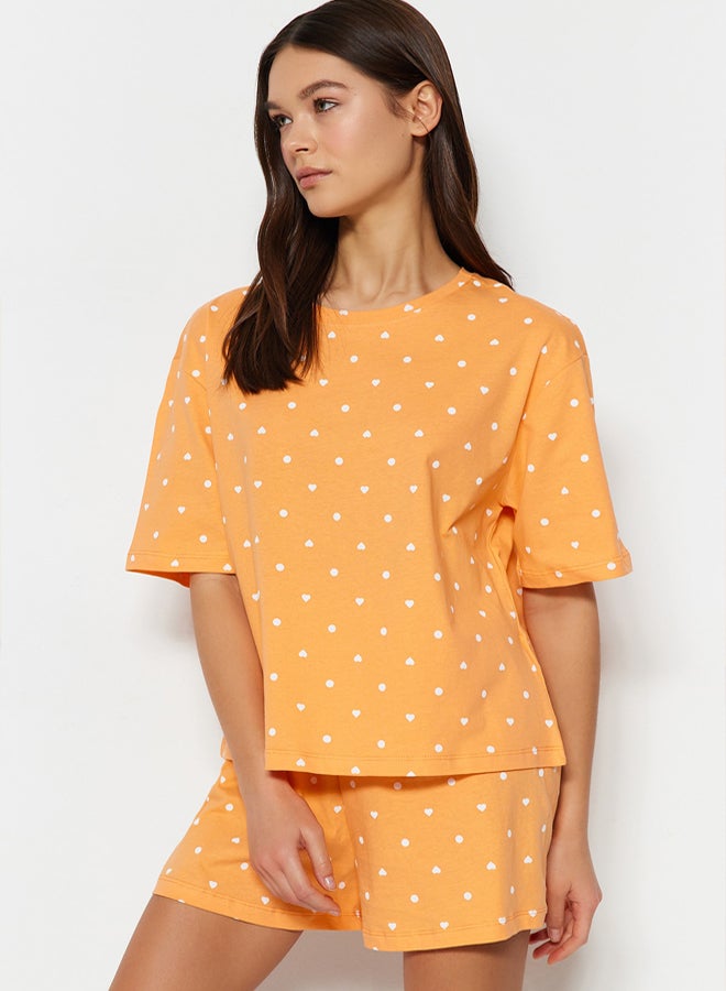 trendyol Orange 100% Cotton Heart Patterned T-shirt-Shorts and Knitted Pajamas Set THMSS21PT1485 - Image 3