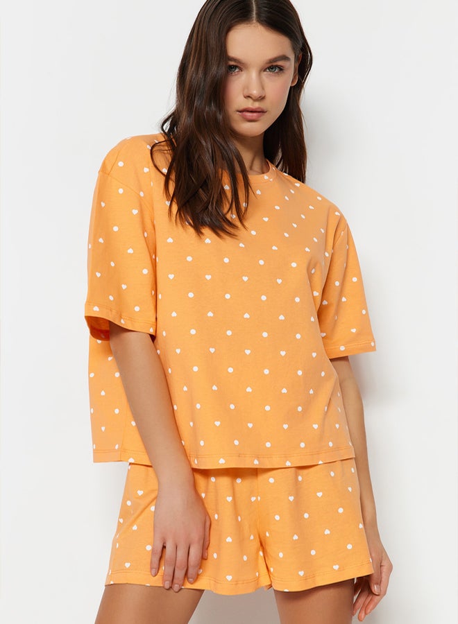 trendyol Orange 100% Cotton Heart Patterned T-shirt-Shorts and Knitted Pajamas Set THMSS21PT1485 - Image 2