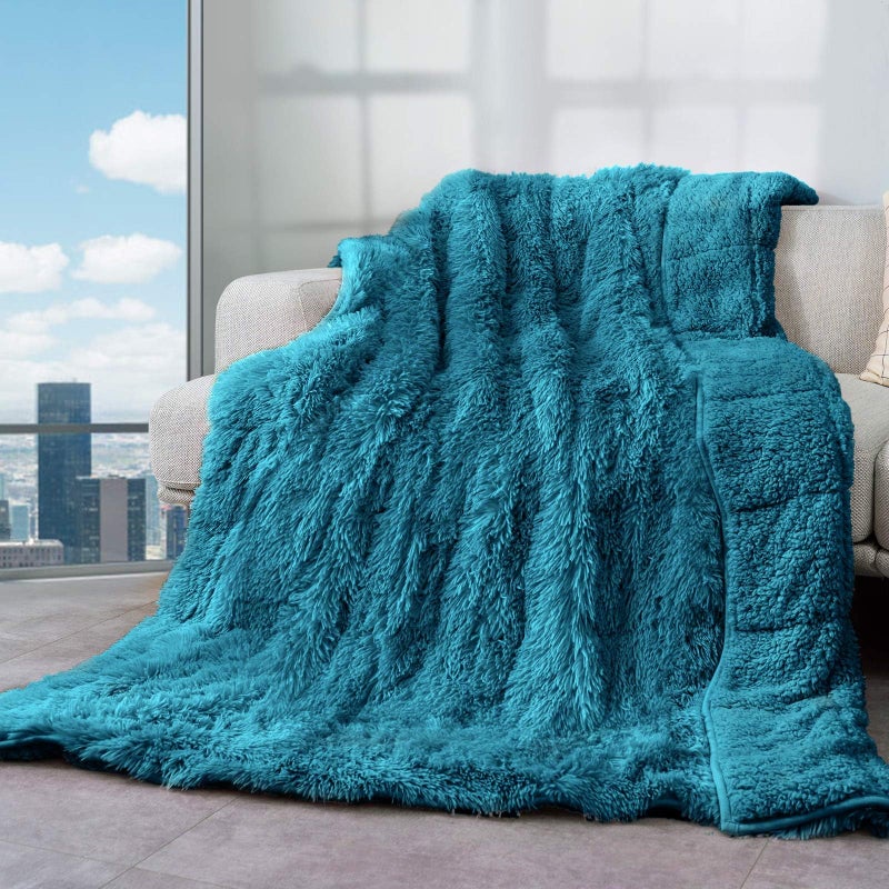 Cottonblue Weighted Blanket 15lbs Sherpa Faux Fur Reversible Luxury Snugly Long Fur Warm Heavy Blanket 60x80 inches Warm Plush Sherpa Weighted Blanket Queen Size for Couch Sofa Bed Teal Green