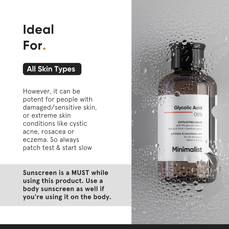 Minimalist 8 Glycolic Acid Toner For Glowing Skin  Multifunctional Exfoliating Toner With Bamboo Water for Body Face Underarms  Scalp  For Women  Men  150 ml - Image 4