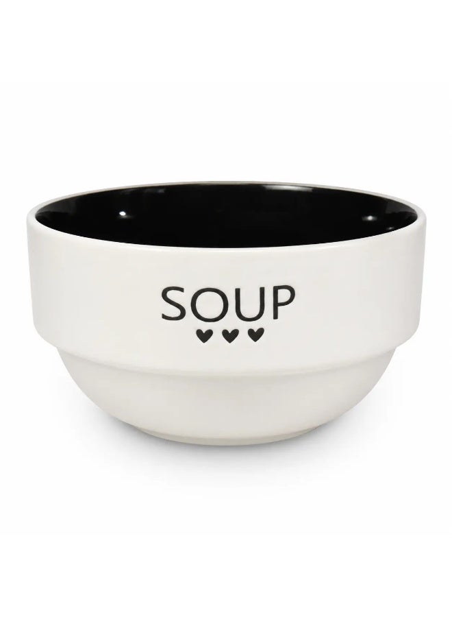 Ceramic Soup Bowl 450ml – 12cm White Bowl with Black Interior, SOUP Design, Stackable Serving Bowl for Soup, Cereal, Noodles, Pasta, Rice & Snacks, Microwave & Dishwasher Safe - Image 1