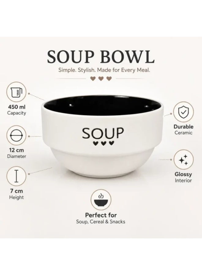 Ceramic Soup Bowl 450ml – 12cm White Bowl with Black Interior, SOUP Design, Stackable Serving Bowl for Soup, Cereal, Noodles, Pasta, Rice & Snacks, Microwave & Dishwasher Safe - Image 2