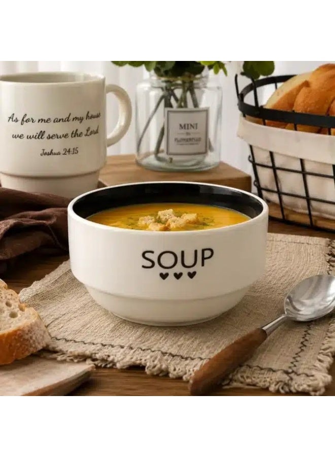 Ceramic Soup Bowl 450ml – 12cm White Bowl with Black Interior, SOUP Design, Stackable Serving Bowl for Soup, Cereal, Noodles, Pasta, Rice & Snacks, Microwave & Dishwasher Safe - Image 4