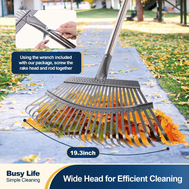 Yocada 19.3" Garden Leaf Rake Wide Heavy Duty Adjustable Long Handle Garden Rake for Yard Garden Lawn Leaves (25 Tines) - Image 2