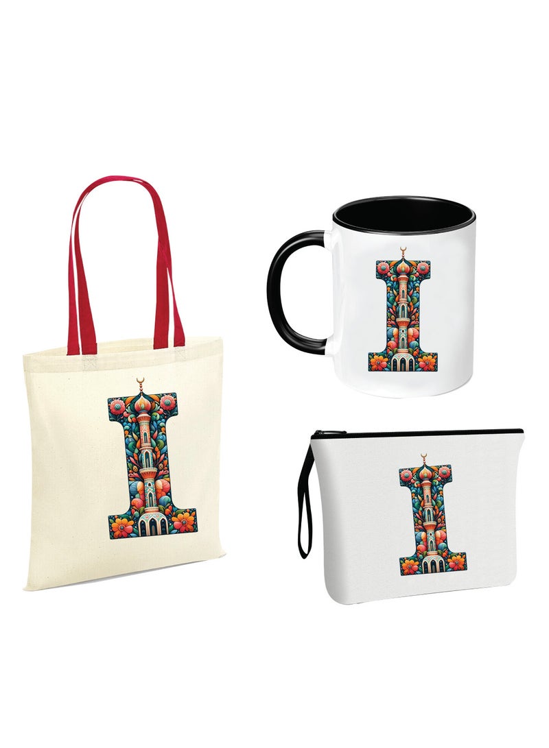 PRINTSHOP4ME Pack of 3 Initial Monogram Gift Set - Black Coffee Mug, Cosmetic Bag and Cotton Tote bag Set - Gift Set for Her - Perfect for Ramadan, School, Travel and Birthday Gift  - Image 1