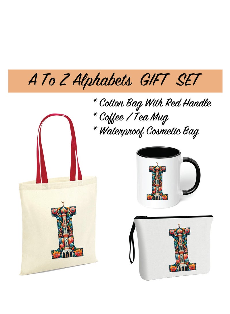 PRINTSHOP4ME Pack of 3 Initial Monogram Gift Set - Black Coffee Mug, Cosmetic Bag and Cotton Tote bag Set - Gift Set for Her - Perfect for Ramadan, School, Travel and Birthday Gift  - Image 2