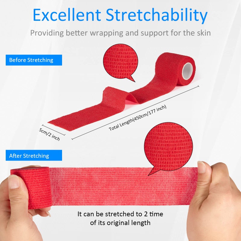 Sagafly 12Pcs 2â€x 5 Yards Self Adhesive Bandage Wrap Elastic Bandage Wrap Self Adherent Cohesive Wrap Bandages for Wrist Ankle Vet Tape for Dogs Athletic Swelling Sprains Tape Grip Cover (Red) - Image 2