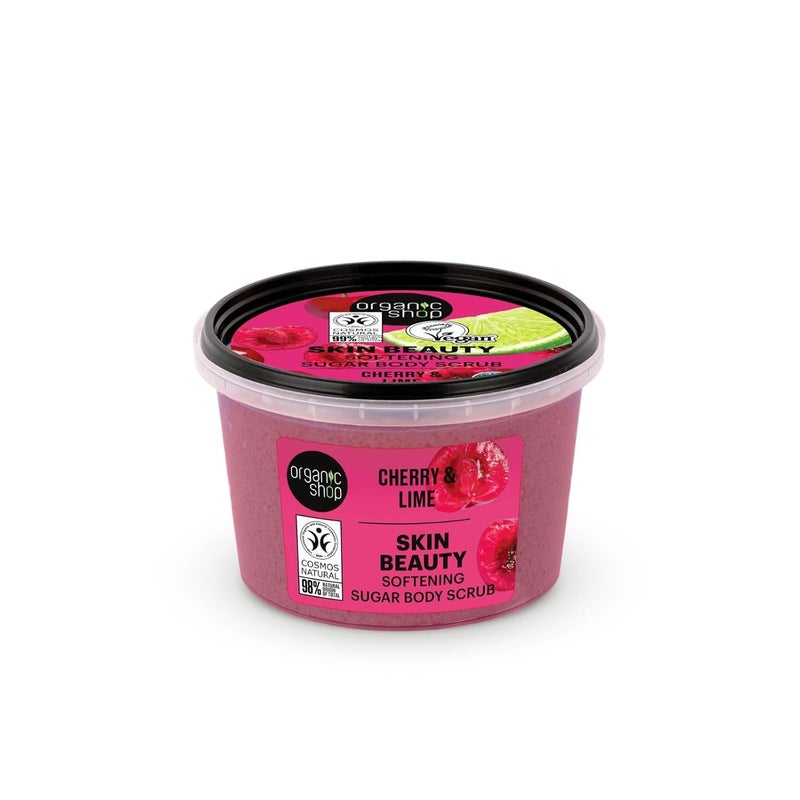 Cherry & Lime, Sugar Softening & Exfoliating Body Scrub, 100% Vegan & Organic, Daily Exfoliant, Detox & Moisturizer, Body, Face, Hand & Foot, Intensive Care & Skin Toning. 250ml.