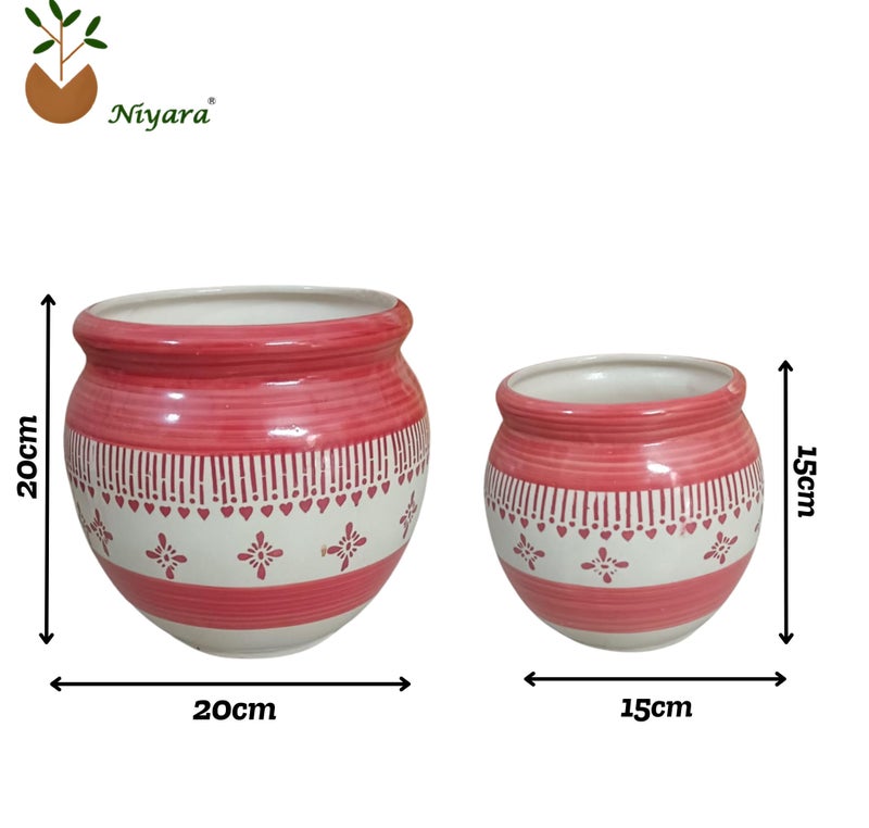 Niyara Multicolor Designer Handmade Handi Combo Ceramic planters Pot for Indoor Outdoor Home,Garden Office Decor Balcony Flower Size- 20 cm and 15 cm (Red & White) - Image 5