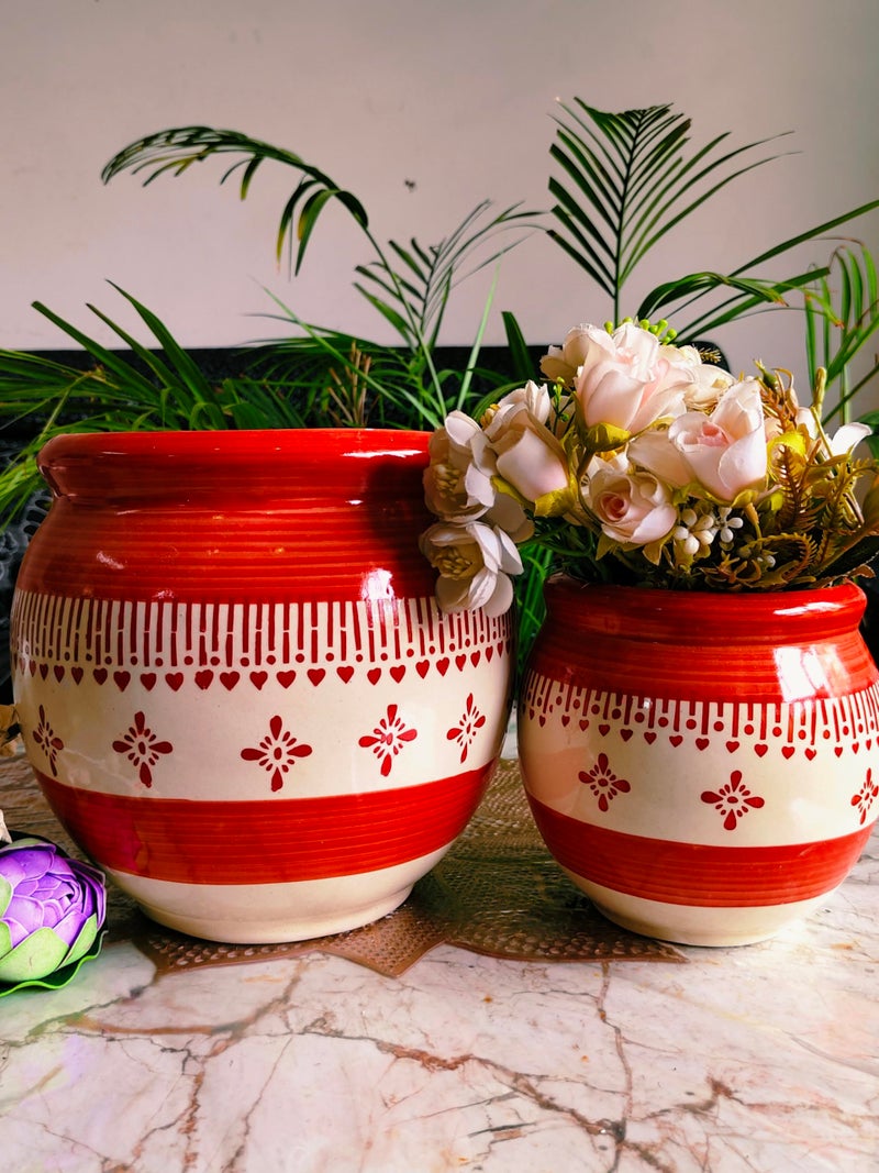 Niyara Multicolor Designer Handmade Handi Combo Ceramic planters Pot for Indoor Outdoor Home,Garden Office Decor Balcony Flower Size- 20 cm and 15 cm (Red & White) - Image 4