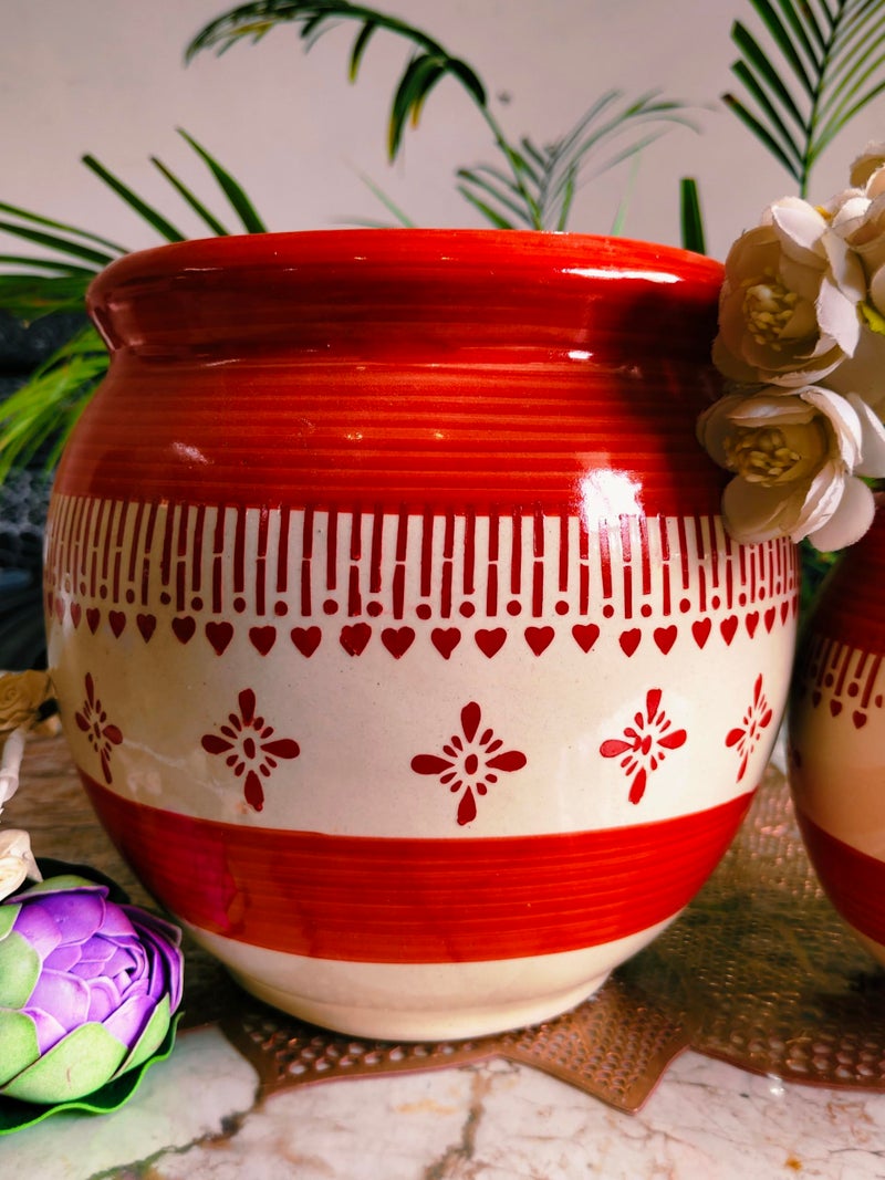 Niyara Multicolor Designer Handmade Handi Combo Ceramic planters Pot for Indoor Outdoor Home,Garden Office Decor Balcony Flower Size- 20 cm and 15 cm (Red & White) - Image 2