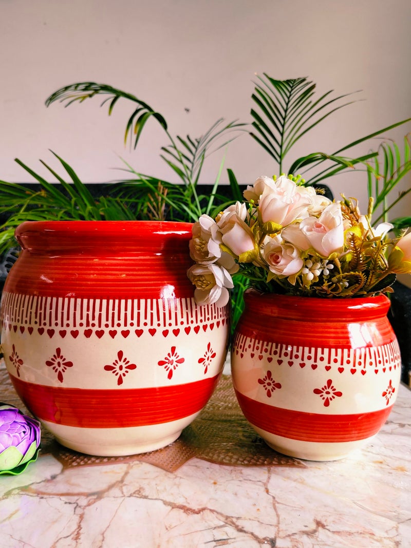 Niyara Multicolor Designer Handmade Handi Combo Ceramic planters Pot for Indoor Outdoor Home,Garden Office Decor Balcony Flower Size- 20 cm and 15 cm (Red & White) - Image 1
