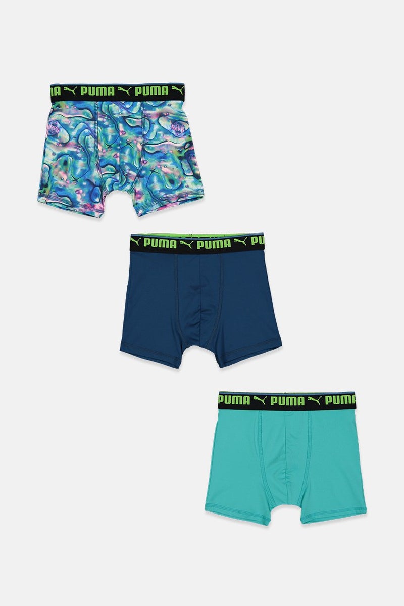 PUMA Kids Boy 3 Pieces Sport Style Boxer Brief, Tie Dye Blue and Blue Combo - Image 1