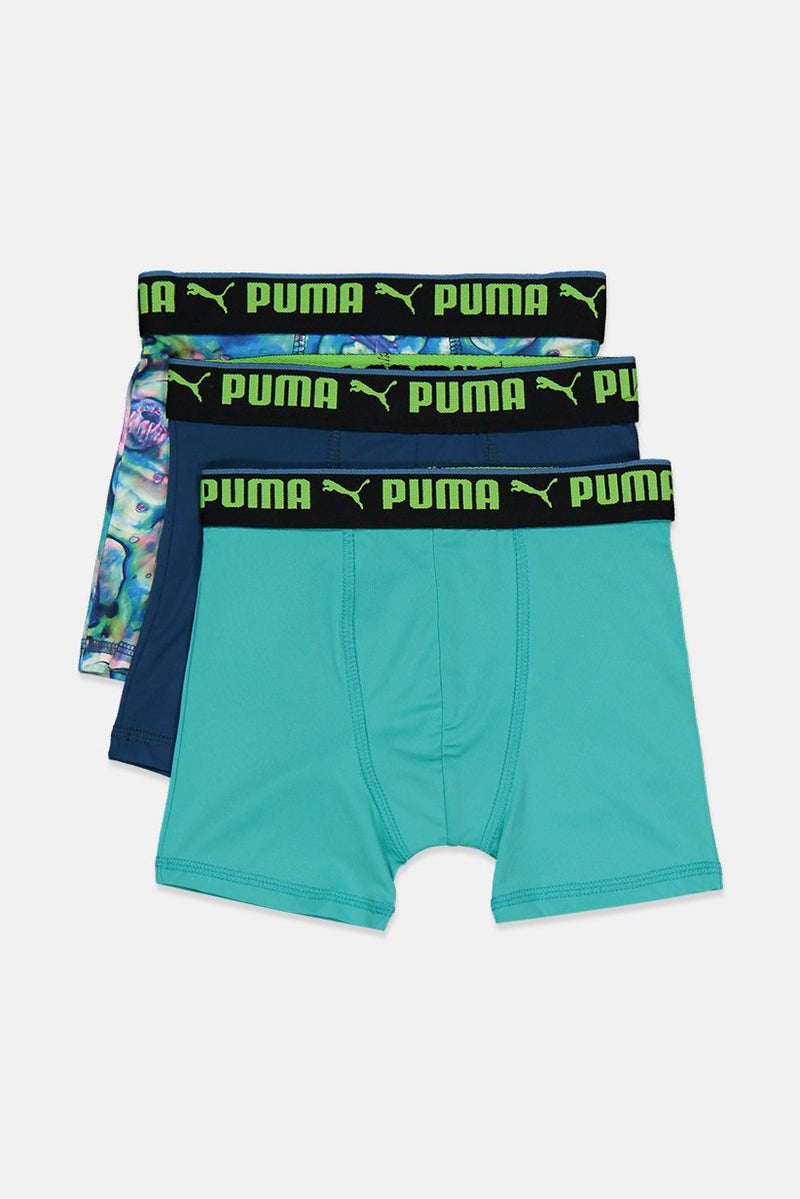 PUMA Kids Boy 3 Pieces Sport Style Boxer Brief, Tie Dye Blue and Blue Combo - Image 3