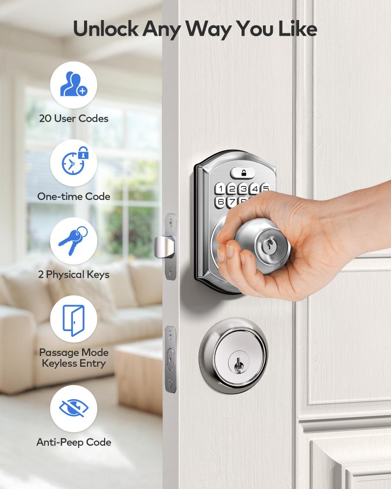 TEEHO TE003 Keyless Entry Keypad Door Lock with Handle, Electronic Digital Smart Locks for Front Door, Smart Door Knob with Code for Bedroom with Interior Locks, Auto Lock, Passage Mode, Satin Nickel - Image 3