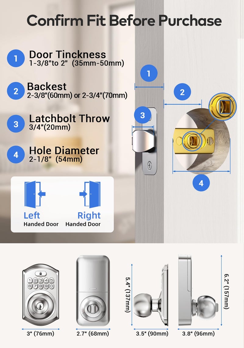 TEEHO TE003 Keyless Entry Keypad Door Lock with Handle, Electronic Digital Smart Locks for Front Door, Smart Door Knob with Code for Bedroom with Interior Locks, Auto Lock, Passage Mode, Satin Nickel - Image 2