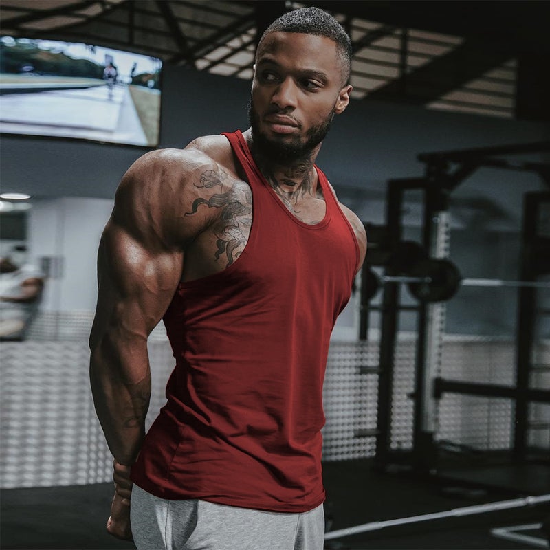 Mens Cotton Fitness Tank Top Summer Solid Color Wine red  - Image 1