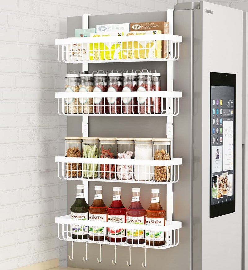 Warome Warome Magnetic Spice Rack for Refrigerator 4 Tier Shelf Organizer with Strong Magnets Kitchen Storage Gadget with Utility Hooks 