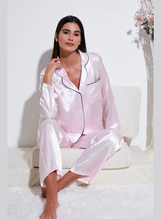 Lela Lela Shirt Collar Relaxed Cut Wide Leg Satin Pajama Set Women's Pajama Set 6110374