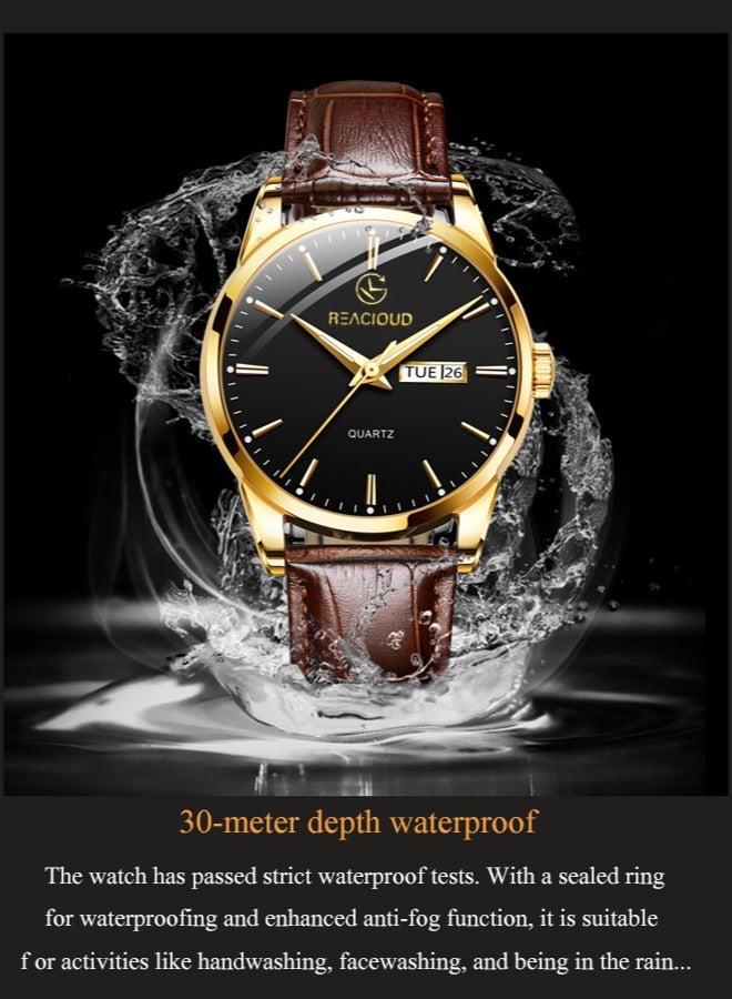 REACLOUD ساعة كواتز كلاسيكية من علامة TOP للرجال، مقاومة للماء، حزام جلد، تقويم، ساعة رياضية للأعمال للرجال - Image 3