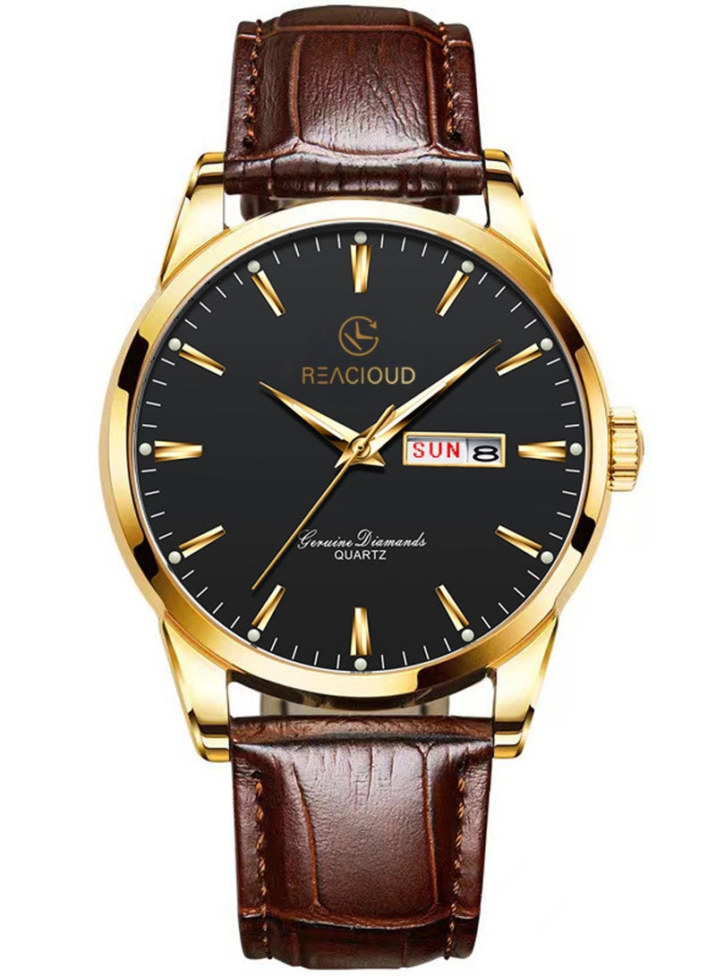 REACLOUD ساعة كواتز كلاسيكية من علامة TOP للرجال، مقاومة للماء، حزام جلد، تقويم، ساعة رياضية للأعمال للرجال - Image 1