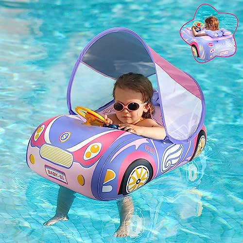 BOffer Baby Pool Float with Canopy PVC Baby Swim Float with Sun Shade Cover 3D Car Toddler Pool Float Swimming Floats Seat Boat for 1218 1224 Months Age 23 3 Years Pink Canopy - Image 1