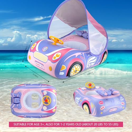 BOffer Baby Pool Float with Canopy PVC Baby Swim Float with Sun Shade Cover 3D Car Toddler Pool Float Swimming Floats Seat Boat for 1218 1224 Months Age 23 3 Years Pink Canopy - Image 5