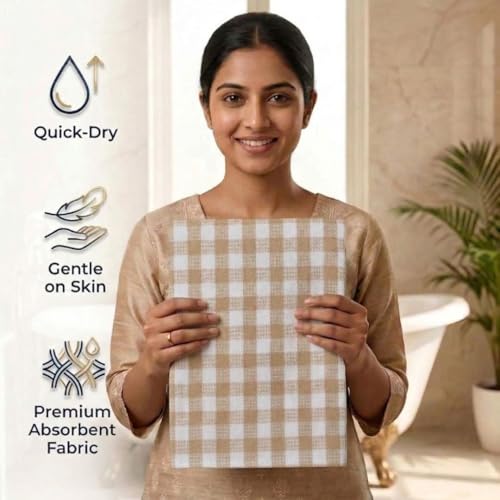 Athom Trendz Athom Living Ecosaviour Premium Cotton Bath Towel Beige Checkers (Pack of 2) - Image 5