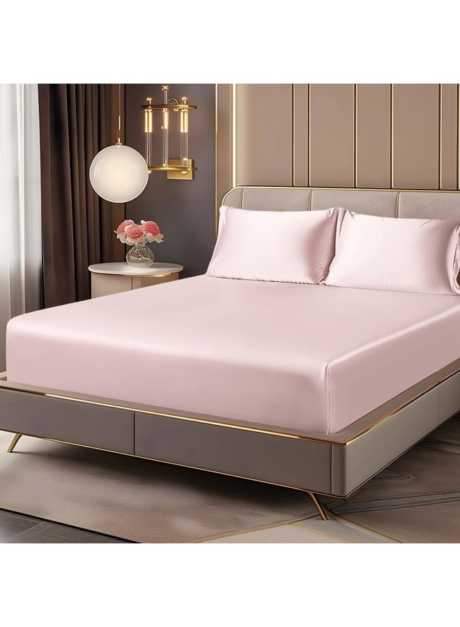 BEDELITE Satin Fitted Sheet and Pillowcases Set, Luxury Soft Similar to Silk Bottom Bedsheet with Elastic Corner Straps, Deep Pocket up to 15 Inch, 1 Fitted Sheet and 2 Pillowcases(Queen, Pink) - Image 1