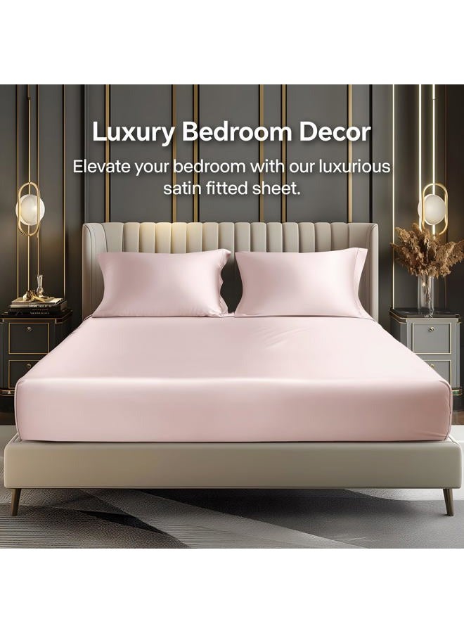 BEDELITE Satin Fitted Sheet and Pillowcases Set, Luxury Soft Similar to Silk Bottom Bedsheet with Elastic Corner Straps, Deep Pocket up to 15 Inch, 1 Fitted Sheet and 2 Pillowcases(Queen, Pink) - Image 2