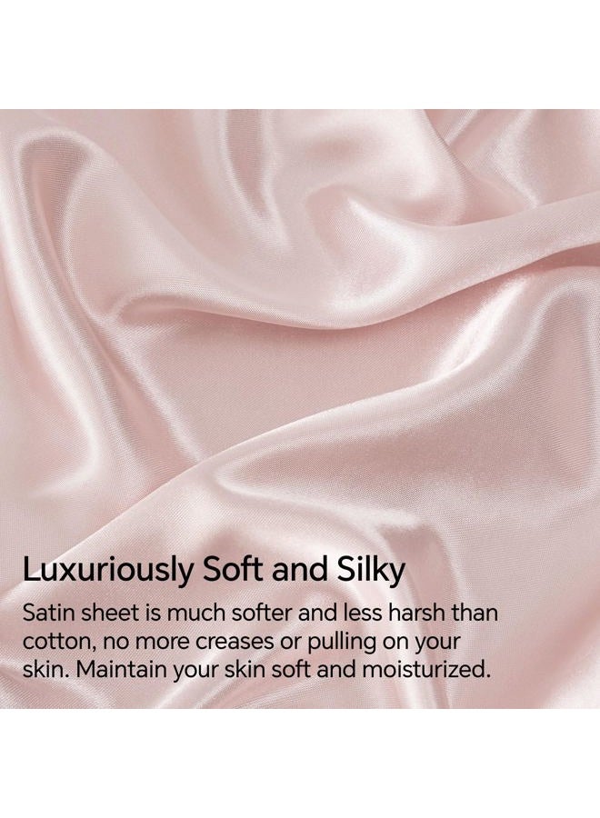 BEDELITE Satin Fitted Sheet and Pillowcases Set, Luxury Soft Similar to Silk Bottom Bedsheet with Elastic Corner Straps, Deep Pocket up to 15 Inch, 1 Fitted Sheet and 2 Pillowcases(Queen, Pink) - Image 3
