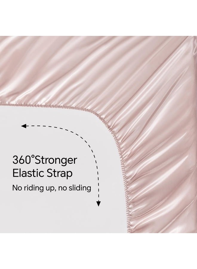 BEDELITE Satin Fitted Sheet and Pillowcases Set, Luxury Soft Similar to Silk Bottom Bedsheet with Elastic Corner Straps, Deep Pocket up to 15 Inch, 1 Fitted Sheet and 2 Pillowcases(Queen, Pink) - Image 4