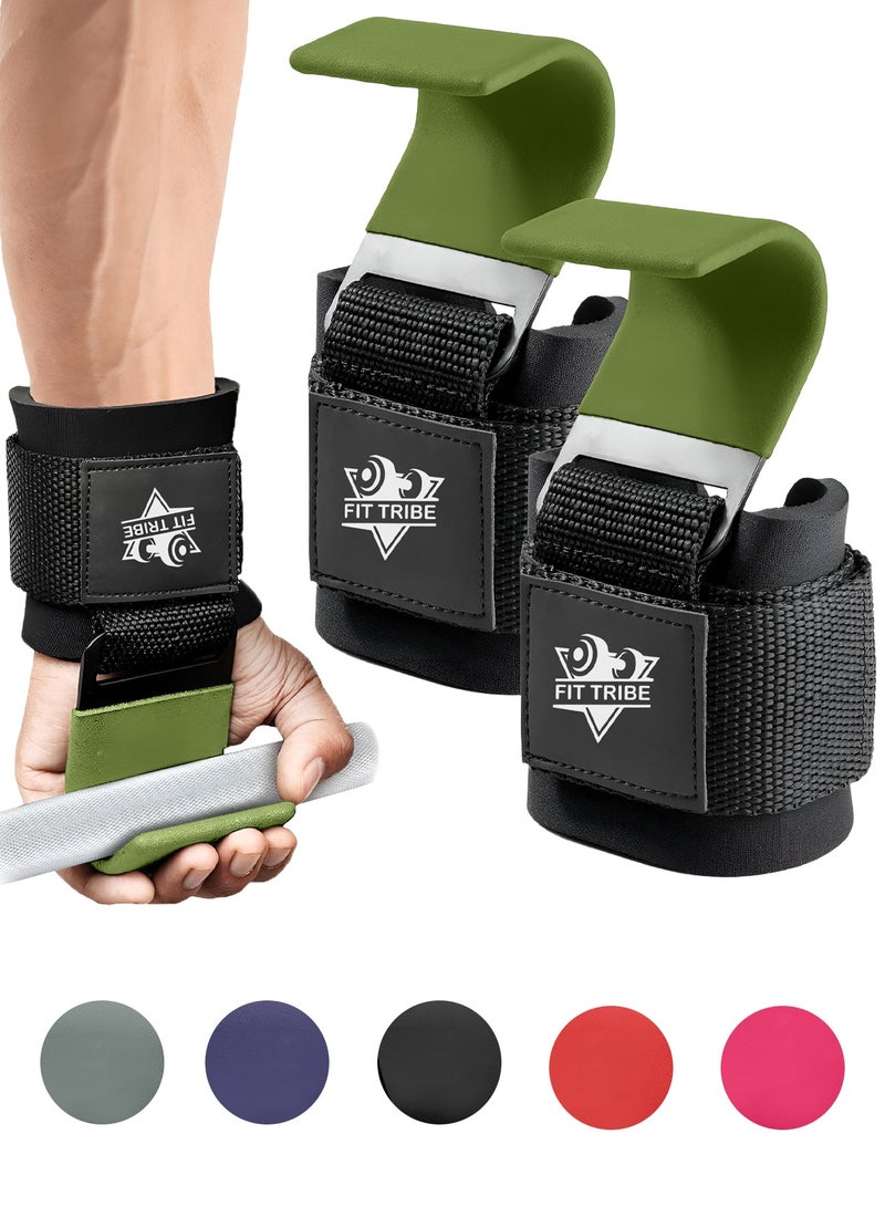 FIT TRIBE Weight Lifting Hooks for Men & Women 2pcs - Heavy Duty Lifting Straps for Deadlifts, Powerlifting, Shrugs, & Rows - Gym Grips with Anti-Slip Pull-Up Hooks (Green) - Image 1