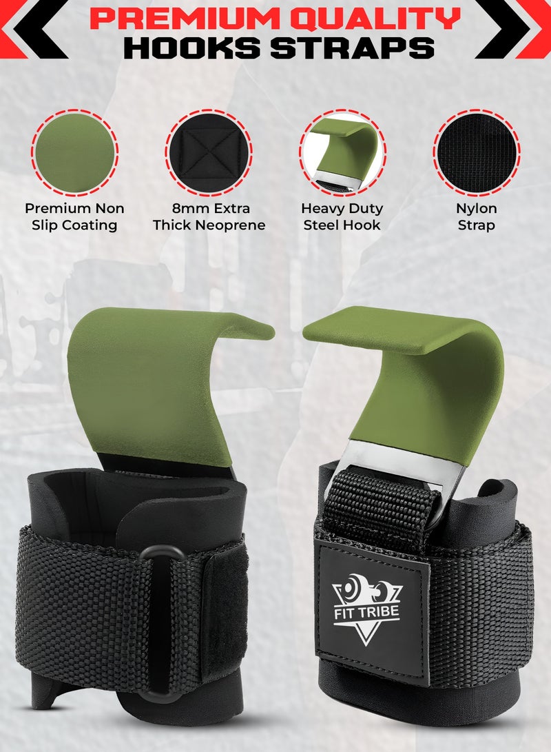 FIT TRIBE Weight Lifting Hooks for Men & Women 2pcs - Heavy Duty Lifting Straps for Deadlifts, Powerlifting, Shrugs, & Rows - Gym Grips with Anti-Slip Pull-Up Hooks (Green) - Image 2