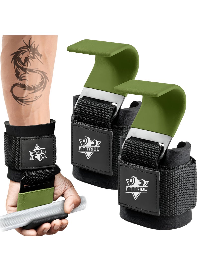 FIT TRIBE - Weight Lifting Hooks for Men & Women 2pcs - Heavy Duty Lifting Straps for Deadlifts, Powerlifting, Shrugs, & Rows - Gym Grips with Anti-Slip Pull-Up Hooks (Green) - Image 1