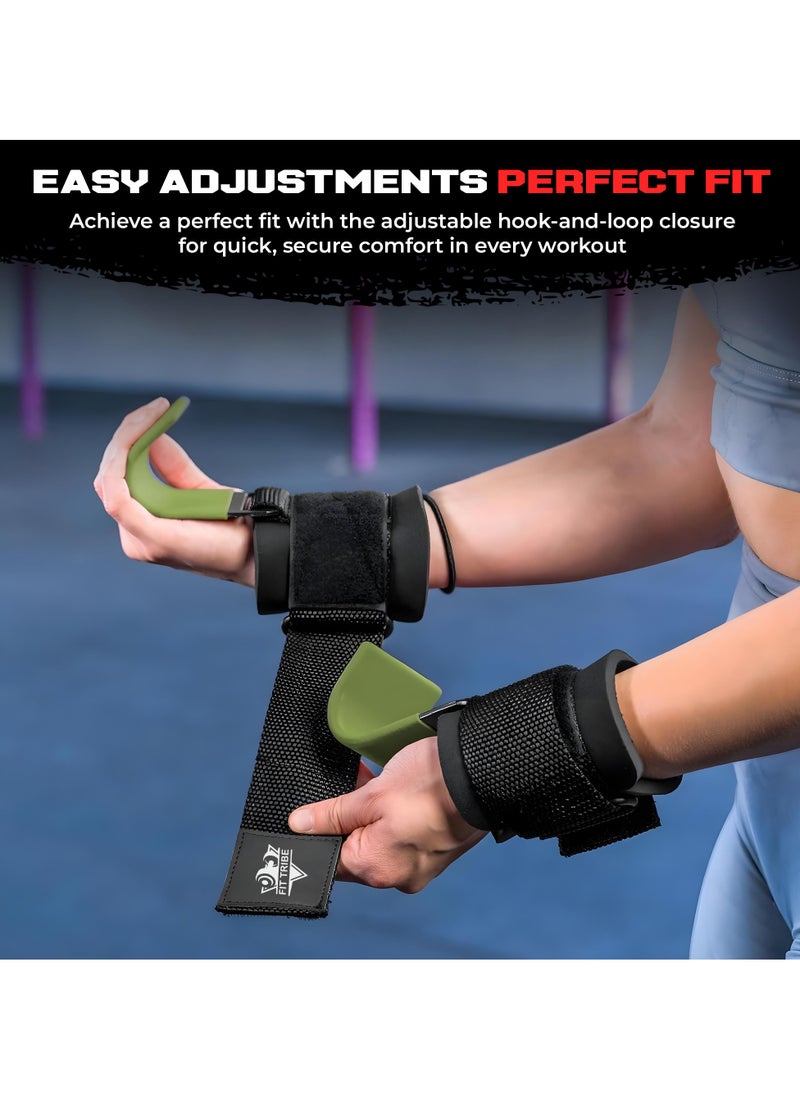 FIT TRIBE - Weight Lifting Hooks for Men & Women 2pcs - Heavy Duty Lifting Straps for Deadlifts, Powerlifting, Shrugs, & Rows - Gym Grips with Anti-Slip Pull-Up Hooks (Green) - Image 1