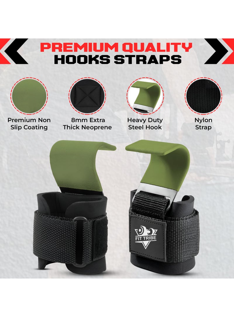 FIT TRIBE - Weight Lifting Hooks for Men & Women 2pcs - Heavy Duty Lifting Straps for Deadlifts, Powerlifting, Shrugs, & Rows - Gym Grips with Anti-Slip Pull-Up Hooks (Green) - Image 1