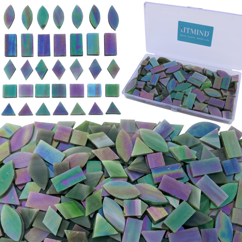 LITMIND Iridescent Glass Mosaic Tiles for Crafts 240 Pieces 5 Shapes Mixed Stained Glass Pieces Mosaic Kits for Adults Iridescent LawnGreen