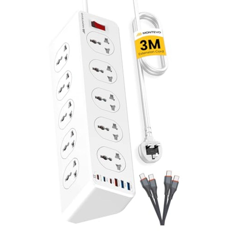 10-Way Power Extension Cord with 10 Universal Outlets 6 USB Ports 3 USB-C PD + 3 USB-A 33W Fast Charging Heavy-Duty Surge Protector Includes 2 USB-C Cables Home Office Travel Use - Image 1