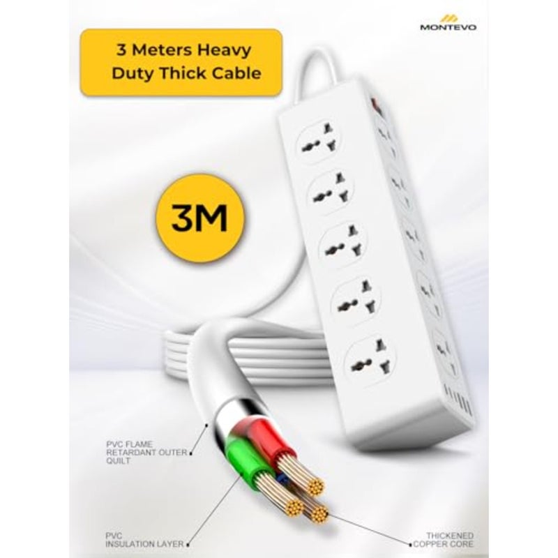 10-Way Power Extension Cord with 10 Universal Outlets 6 USB Ports 3 USB-C PD + 3 USB-A 33W Fast Charging Heavy-Duty Surge Protector Includes 2 USB-C Cables Home Office Travel Use - Image 5