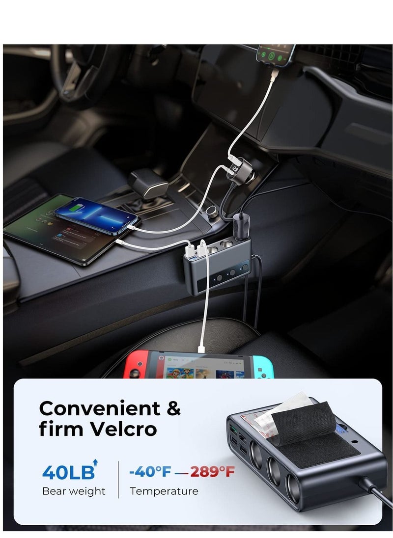 Y&D 9 in 1 Car Charger Adapter, 3 Socket Cigarette Lighter Splitter with PD/QC 3.0 * 2 Charge(3.3FT Cable), Cast Charge, Independent Switches DC Outlet for All Devices  - Image 2