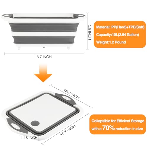 GuanBoXin Collapsible BBQ Prep TubCutting Board 10L Foldable Dish Tub with Colander Portable Camping Sink Multifunction Dishing Basin Bucket Wash Tub for Kitchen Fruit Vegetable Picnic Gray - Image 3