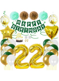 22Nd Birthday Party Decorations Gold Green Happy Birthday Banner White Latex Balloon Confetti Balloon 22 Number Foil Balloon Hanging Swirl Paper Pompoms With Cake Topper For Boy Girl Men Women