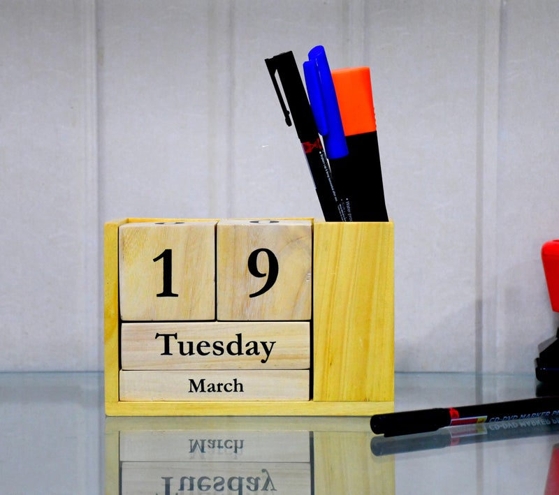IVEI Wooden Desk Calendar with Pen Holder - Perpetual Calendar, Minimal Organizer for Study Table, Office Table Decoration Items Showpieces, Stationery Items - Image 2