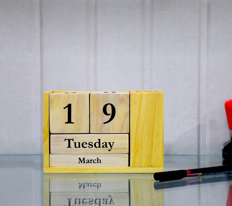 IVEI Wooden Desk Calendar with Pen Holder - Perpetual Calendar, Minimal Organizer for Study Table, Office Table Decoration Items Showpieces, Stationery Items - Image 3